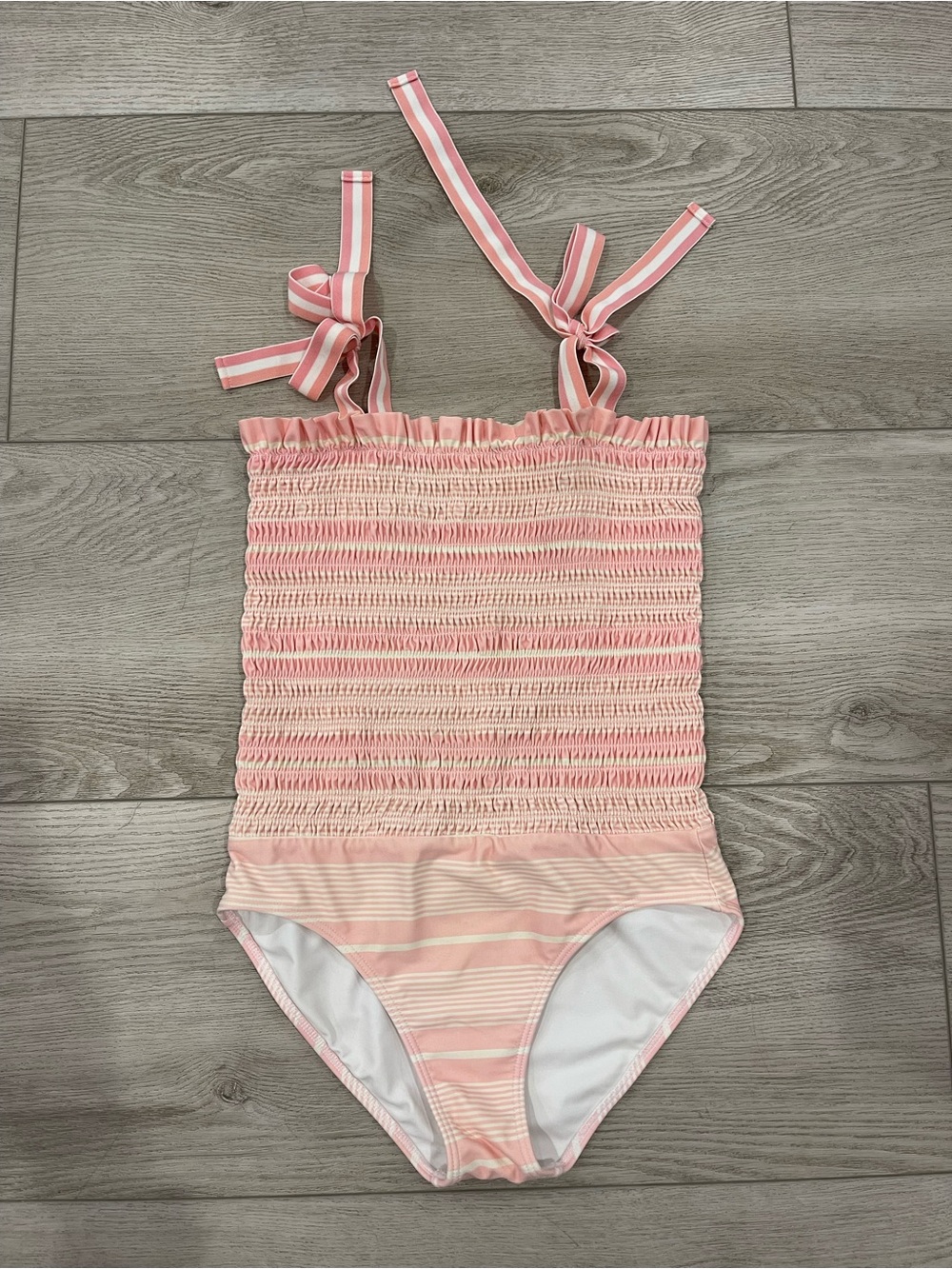 Minnow girls sorbet pink stripe smocked one piece, size 11/12 EUC